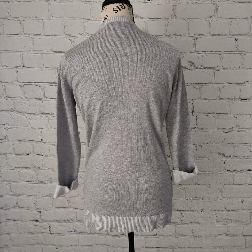 Tahari Asymmetrical Hem Roll Cuff Knit Sweater Cotton Two Tone Grey S - Picture 7 of 9